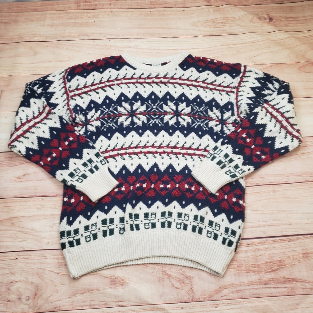 Vintage GreatLand Sweater‎ Mens L Red White Fair Isle Snowflake Cotton Crewneck